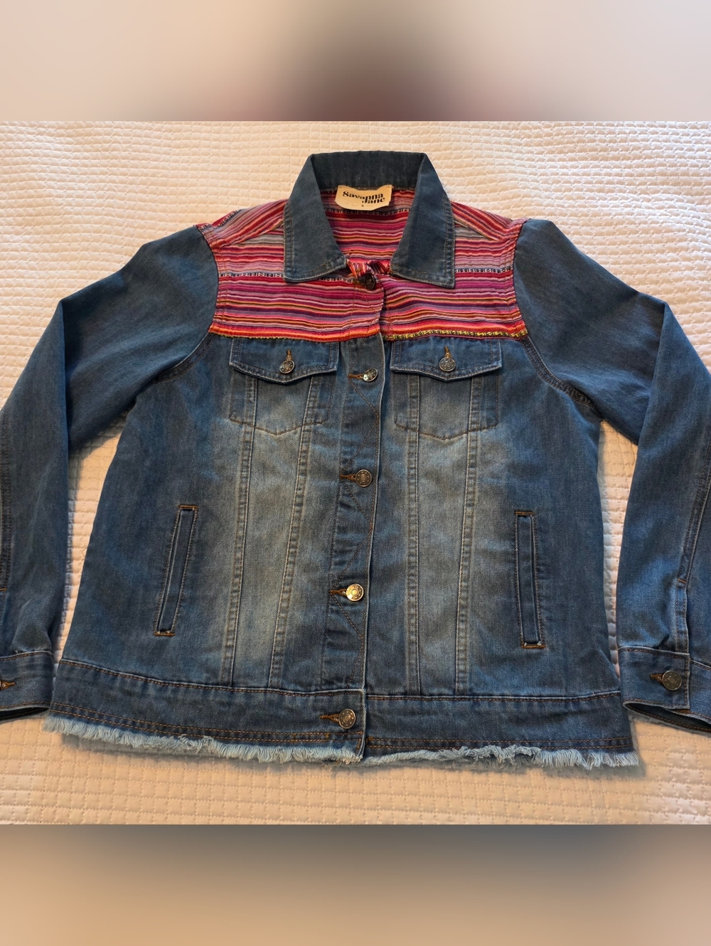 Savanna Jane Denim Western Jacket with Pink & Red Striped Yoke Embroidered Back - Picture 4 of 14